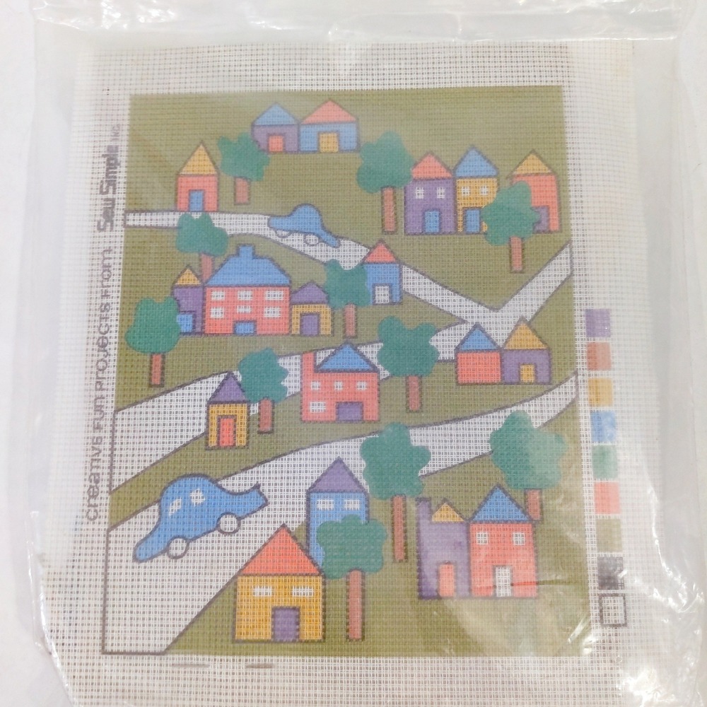 Canvas Fiber Art Kit - Colorful Village Scene cross stitch